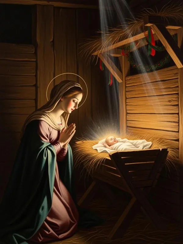 Mary kneeling in prayer beside the manger as starlight falls on the baby Jesus