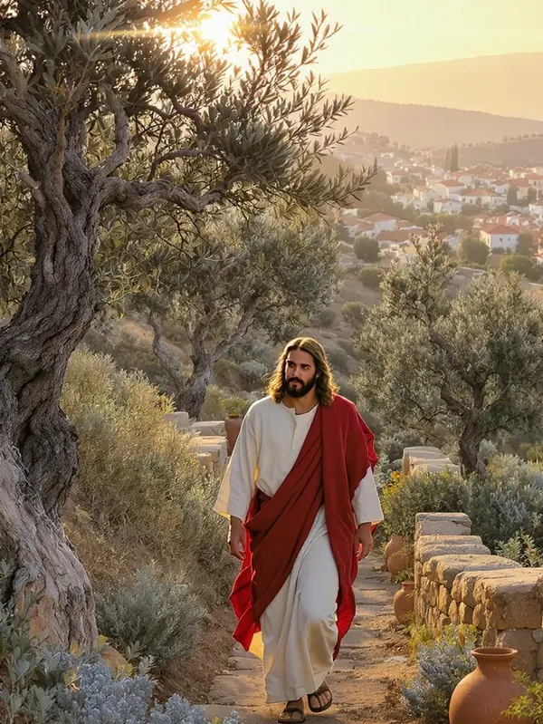 Jesus walking a stone path among olive trees