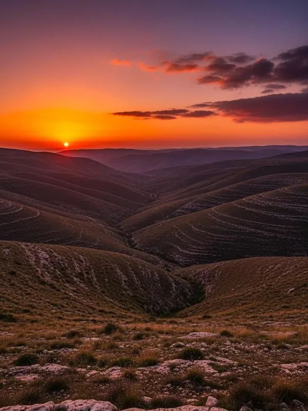 Dawn breaking over rolling hills