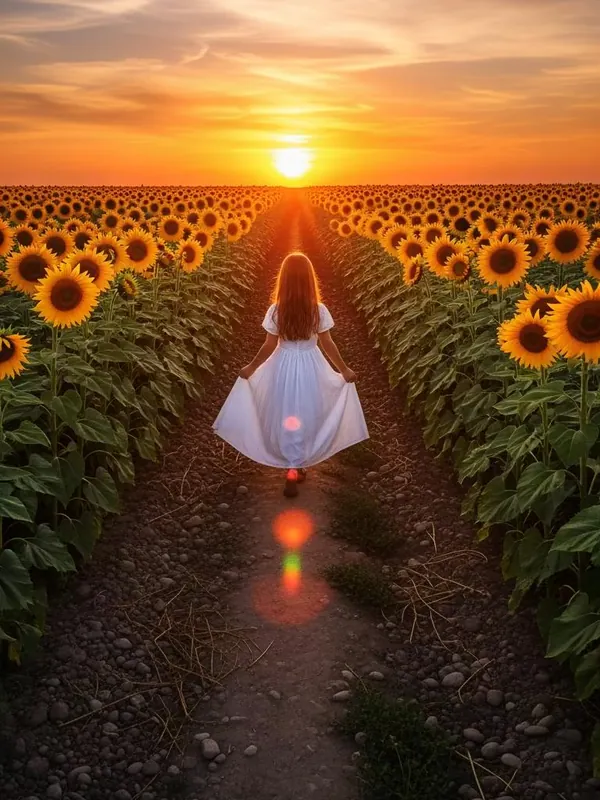 A girl in white walking a path through a sunflower field toward the sunrise