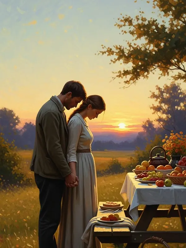 A husband and wife praying together at sunset
