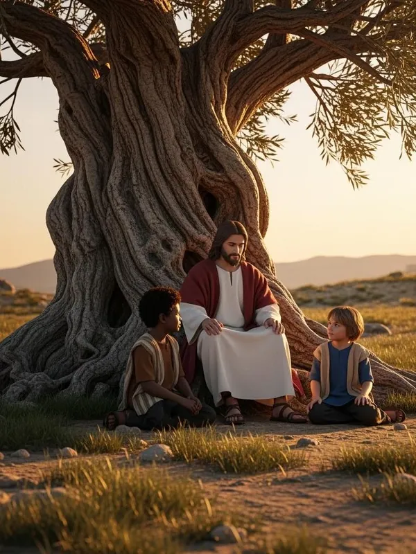 Jesus sitting with two children under an olive tree