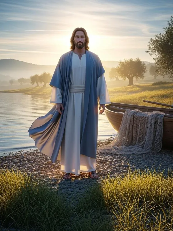 Jesus standing on the lakeshore beside a fishing boat and nets