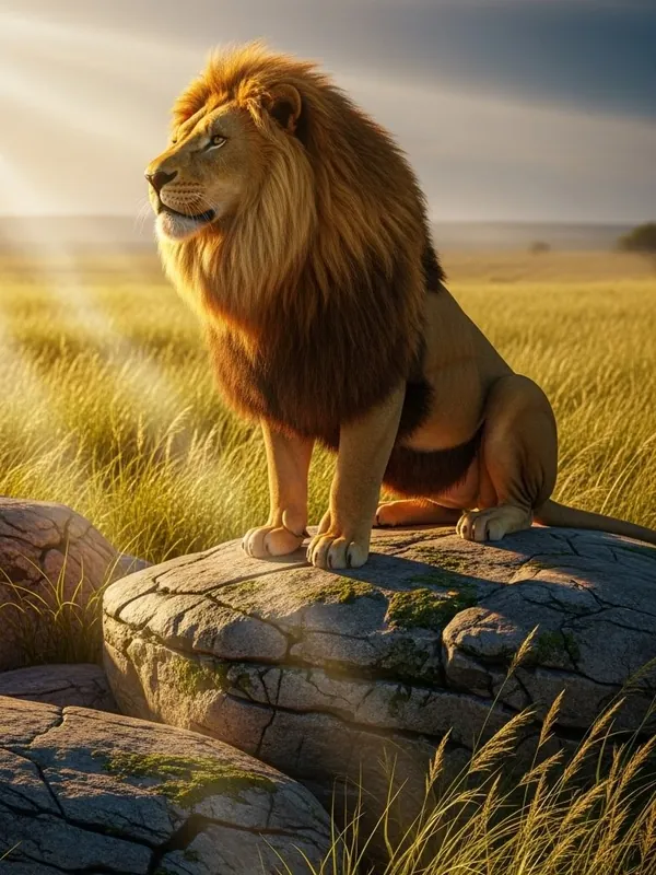 A lion resting on a rock in morning light