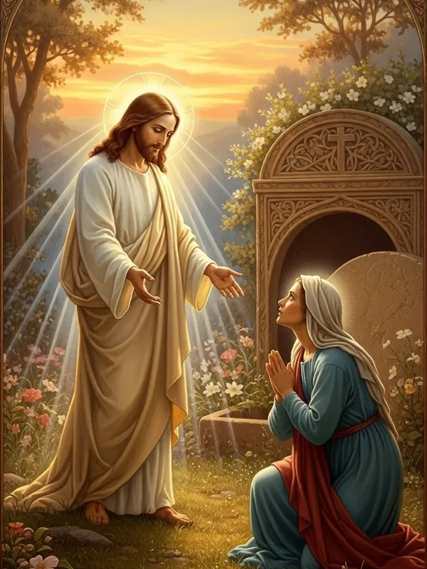 Mary Magdalene kneeling before the risen Jesus at the garden tomb