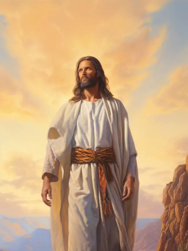 Jesus standing on a mountain path in the morning light