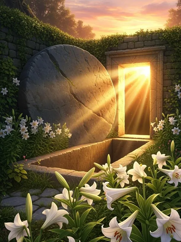 The empty tomb with the stone rolled away, surrounded by lilies