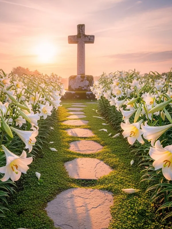A stone path through white lilies to a cross at sunrise