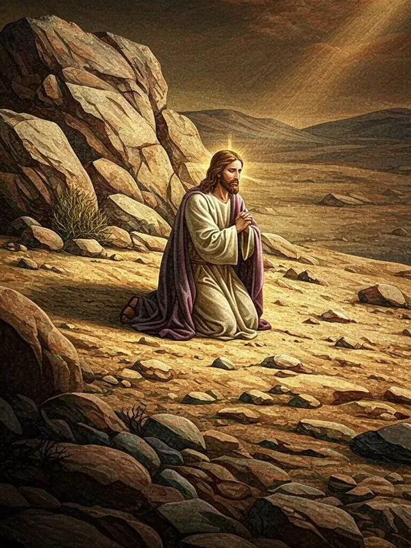 Jesus kneeling in prayer in a sunlit wilderness