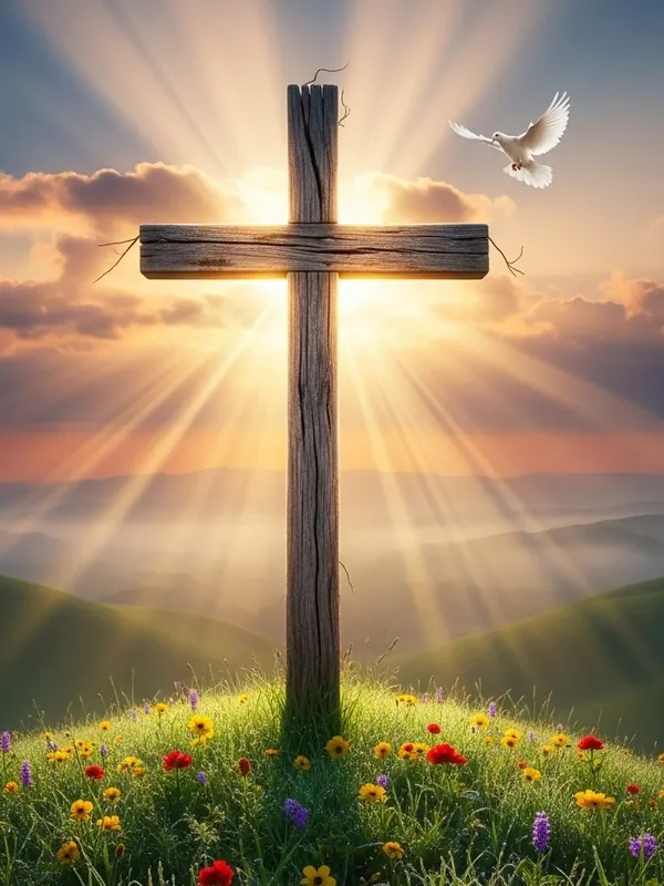 A wooden cross on a flowered hill at sunrise, with a dove
