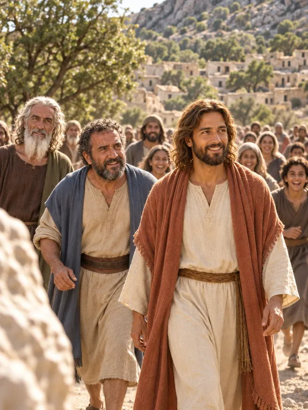 Jesus walking with His disciples through a crowd, from the Bible Movies film of Mark 9