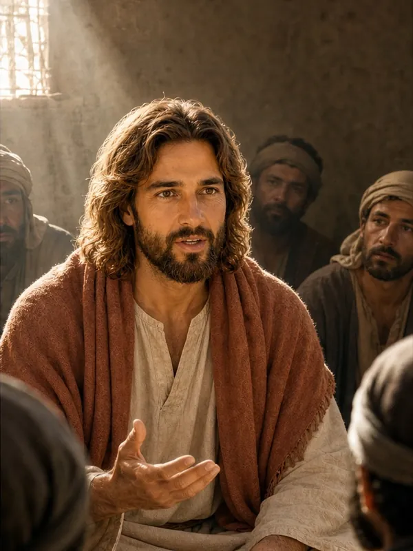 Jesus seated, teaching in a crowded house, from the Bible Movies film of Mark 2