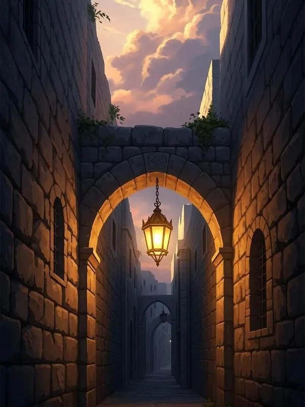 A lantern lighting a stone archway at dusk