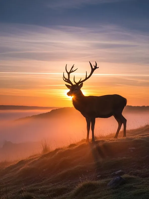 A deer on a hillside at sunrise