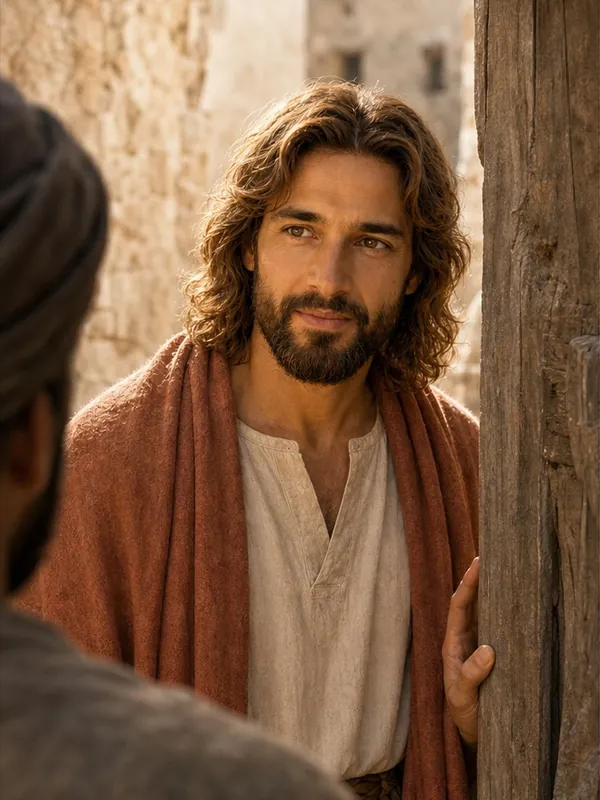 Jesus at the door of a house in Capernaum, from the Bible Movies film of Mark 2