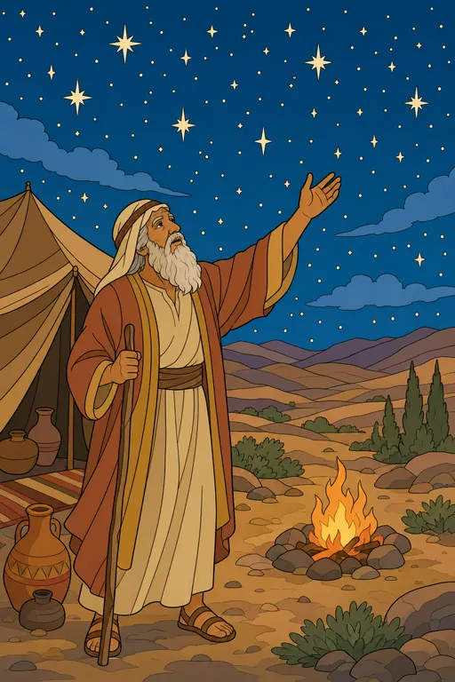 The painting this coloring page was drawn from: Abraham outside his tent at night, pointing up at a sky full of stars