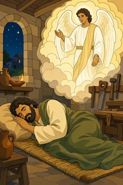 The painting this coloring page was drawn from: Joseph asleep in his carpenter’s workshop as an angel appears to him in a dream