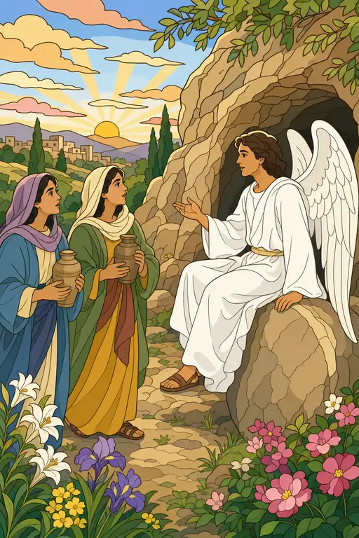 The painting this coloring page was drawn from: Two women carrying jars of spices listen to an angel sitting on the stone at the empty tomb
