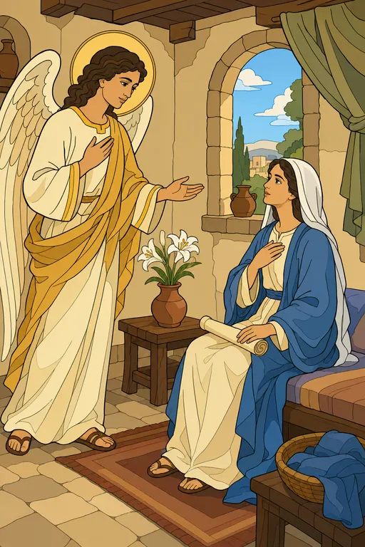 The painting this coloring page was drawn from: The angel Gabriel greeting Mary in her home in Nazareth, lilies in a vase between them