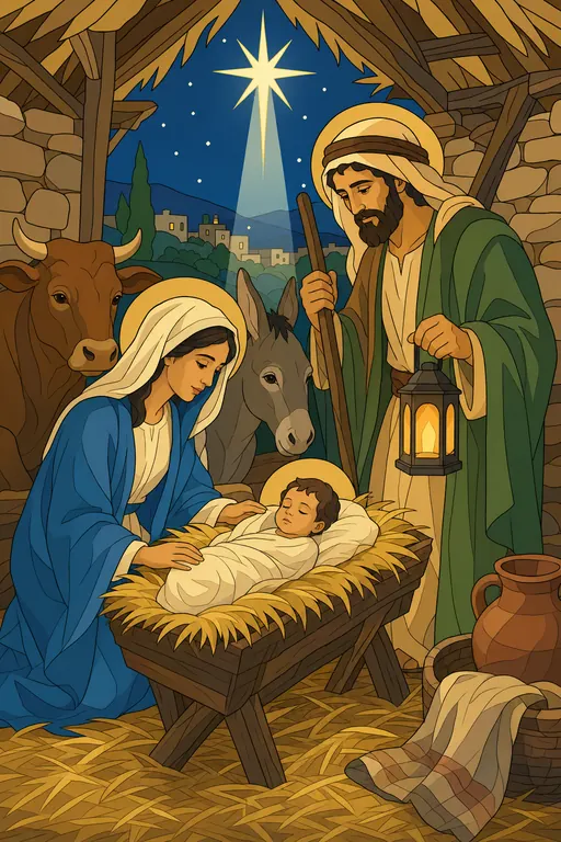 The painting this coloring page was drawn from: Mary and Joseph kneeling by baby Jesus in the manger in the stable, an ox and a donkey watching, the star overhead