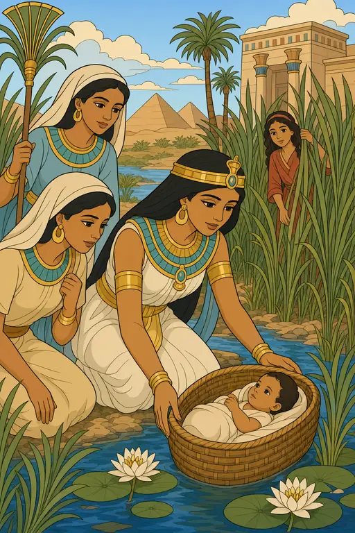 The painting this coloring page was drawn from: Pharaoh’s daughter and her maids finding baby Moses in a basket among the reeds of the Nile