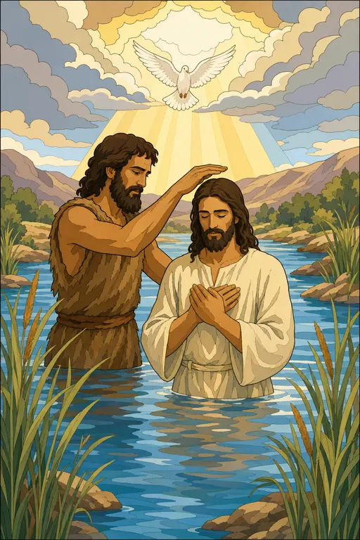 The painting this coloring page was drawn from: John the Baptist baptizing Jesus in the Jordan River as a dove comes down from the opened sky