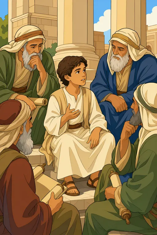The painting this coloring page was drawn from: The boy Jesus sitting among the old teachers in the temple courts, listening and asking questions
