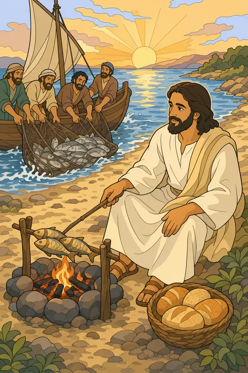 The painting this coloring page was drawn from: Jesus cooking fish on a charcoal fire on the shore with a basket of bread, the disciples hauling a full net into their boat