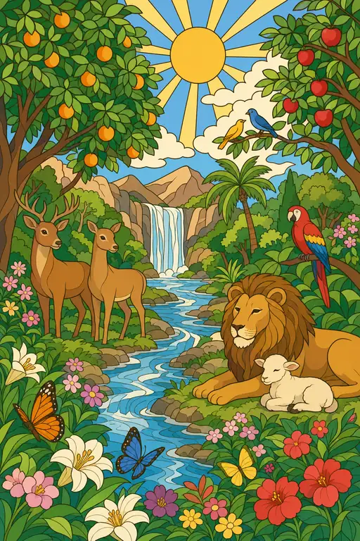 The painting this coloring page was drawn from: deer, a lion and a lamb by a river and waterfall among fruit trees and flowers