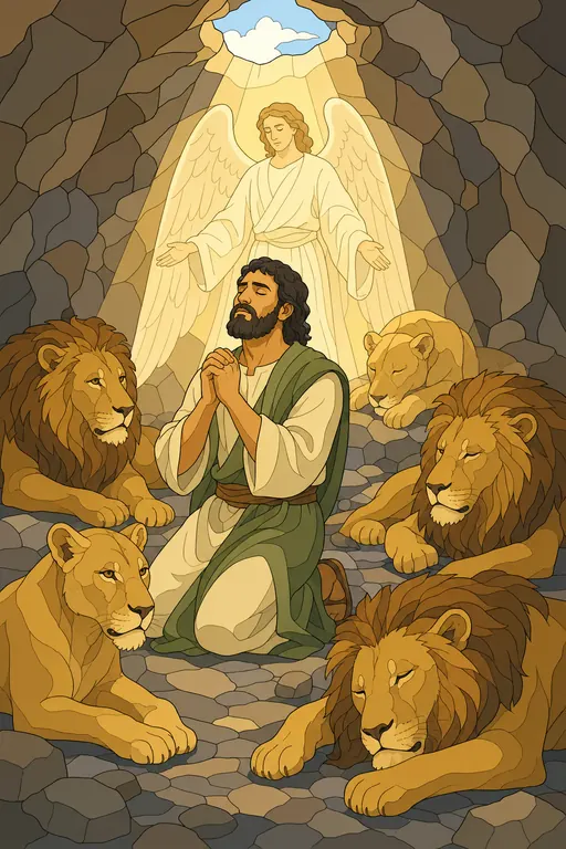 The painting this coloring page was drawn from: Daniel kneeling calmly in prayer among resting lions, an angel in the light behind him