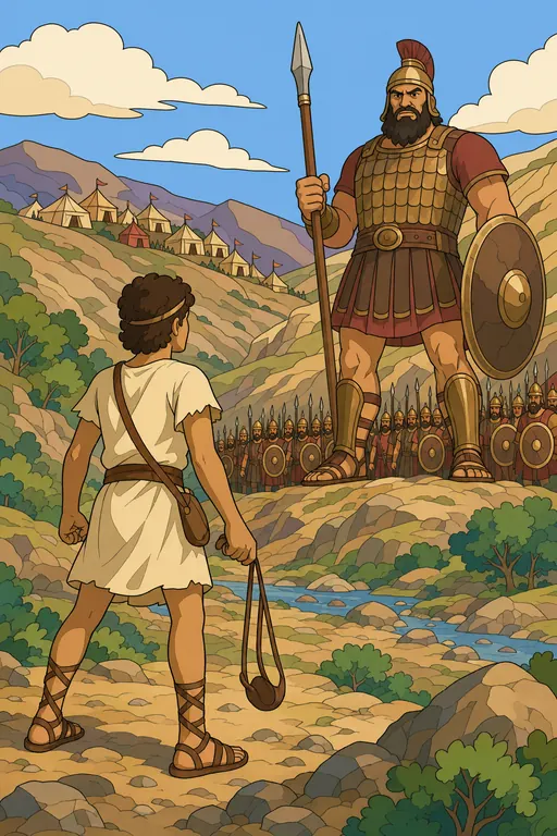 The painting this coloring page was drawn from: Young David with his sling and staff facing the huge armored giant Goliath across the valley