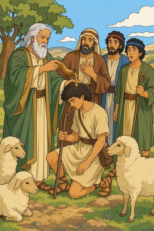 The painting this coloring page was drawn from: Samuel pouring oil from a horn on the head of the kneeling shepherd boy David while his brothers watch