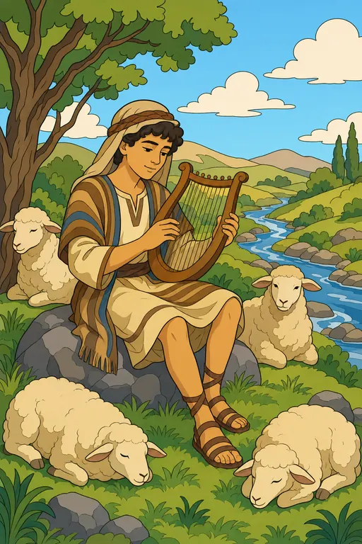 The painting this coloring page was drawn from: Young David sitting on a rock playing a small harp, his sheep resting around him on a green hill
