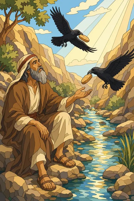The painting this coloring page was drawn from: The prophet Elijah sitting by a brook as two ravens fly down to him with bread