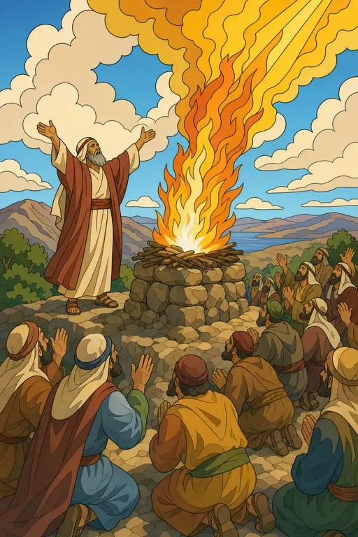 The painting this coloring page was drawn from: Elijah with his arms raised as fire falls on the altar and the people fall to the ground