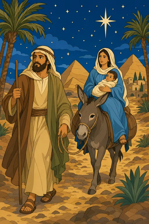 The painting this coloring page was drawn from: Joseph leading Mary and the child Jesus on a donkey under the stars, palms and pyramids behind