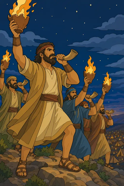 The painting this coloring page was drawn from: Gideon blowing a ram’s horn and holding up a torch, his men behind him with torches and horns