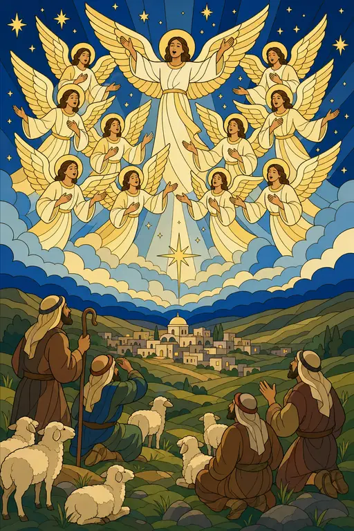 The painting this coloring page was drawn from: A great choir of angels singing in the sky above the shepherds and the little town of Bethlehem