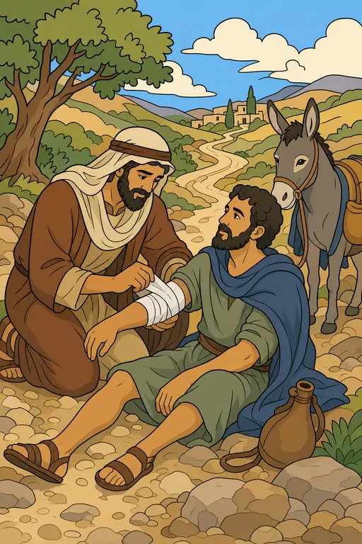 The painting this coloring page was drawn from: The Samaritan kneeling by the road to bandage the hurt traveler’s arm, his donkey waiting beside them