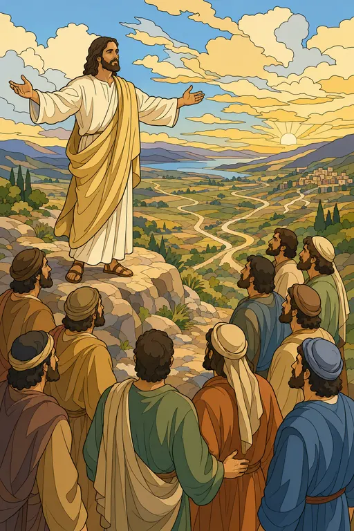 The painting this coloring page was drawn from: Jesus on a hilltop with His arms open toward the land below, the eleven disciples gathered around Him