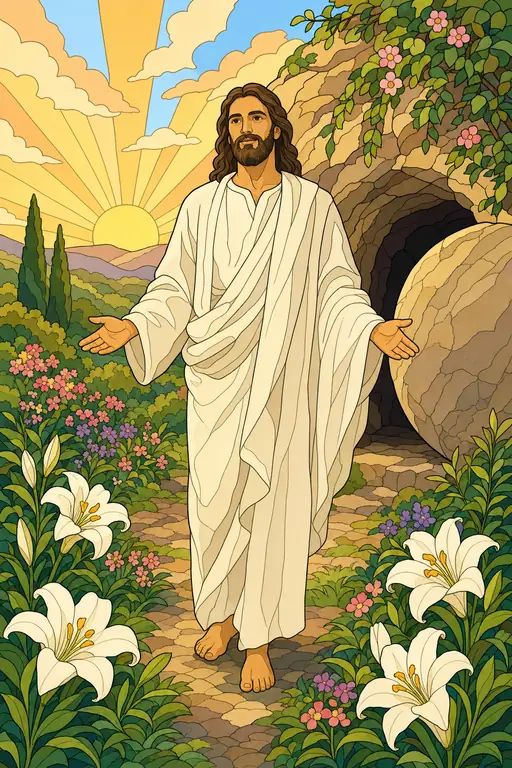 The painting this coloring page was drawn from: The risen Jesus standing in a spring garden beside the open tomb, lilies around Him and the sun rising