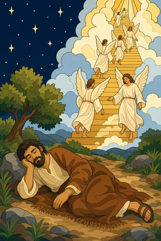The painting this coloring page was drawn from: Jacob asleep on the ground dreaming of a stairway to heaven with angels going up and down