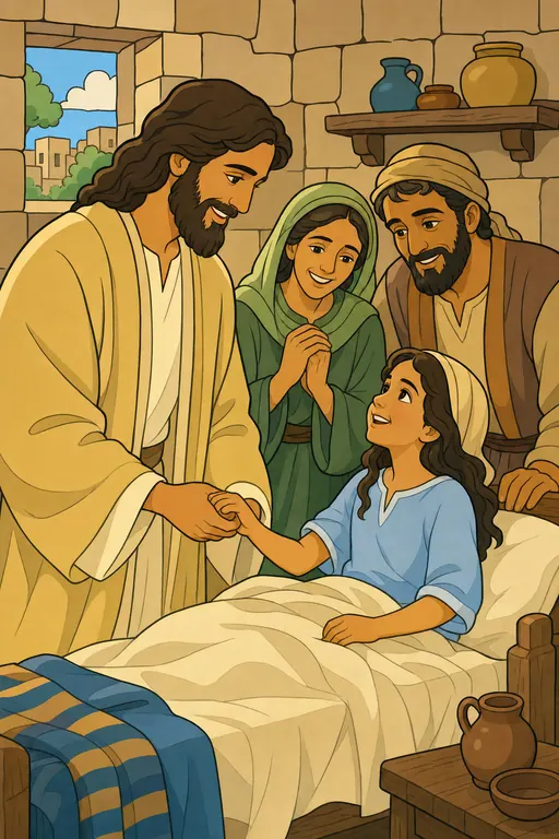 The painting this coloring page was drawn from: Jesus holding the hand of Jairus’ daughter as she sits up in bed, her mother and father overjoyed