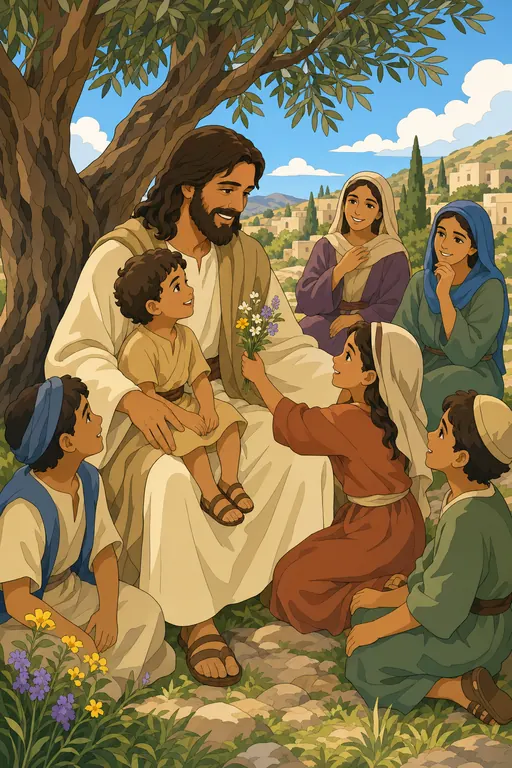 The painting this coloring page was drawn from: Jesus sitting under a tree with children around Him, a little girl offering Him flowers, mothers watching