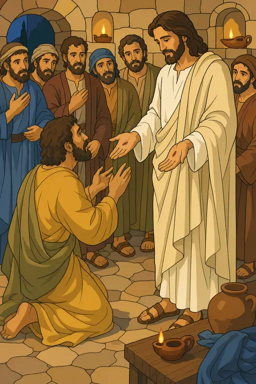 The painting this coloring page was drawn from: Thomas kneeling before the risen Jesus, who shows him His hands, the other disciples watching