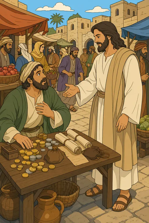 The painting this coloring page was drawn from: Jesus holding out His hand to Matthew at his tax table covered with coins, in a busy market street
