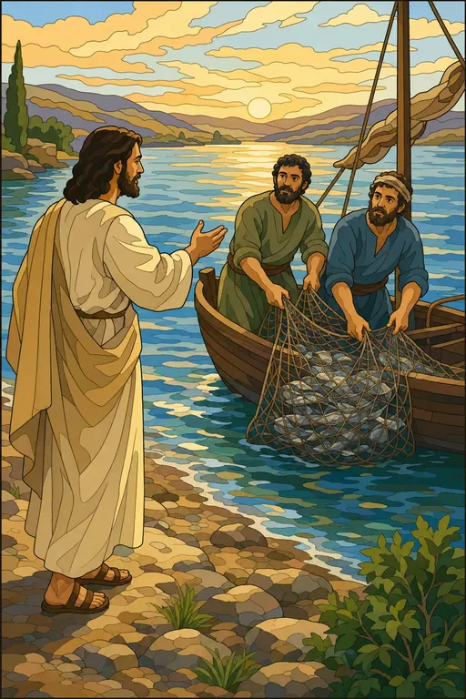 The painting this coloring page was drawn from: Jesus on the shore calling to Peter and Andrew in their fishing boat with their net