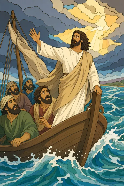 The painting this coloring page was drawn from: Jesus standing in the fishing boat with His hand raised over the waves as the frightened disciples hold on