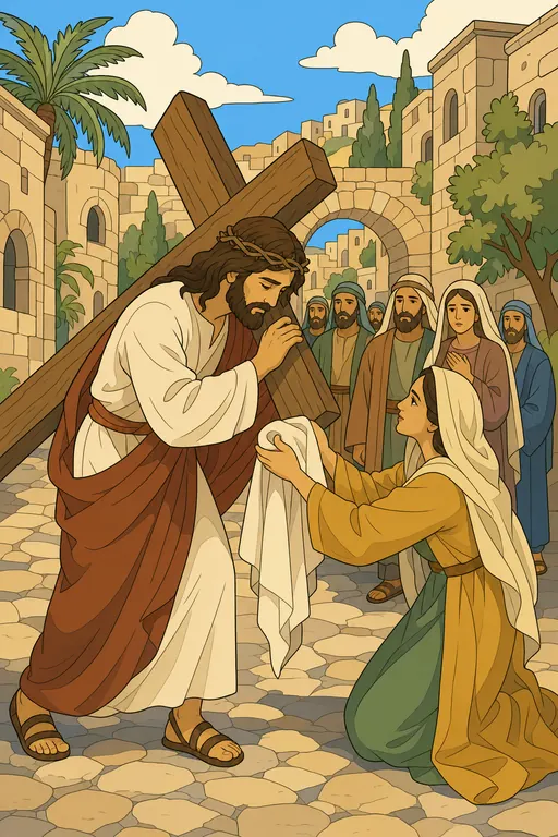 The painting this coloring page was drawn from: Jesus in a crown of thorns carrying the cross along a stone street, a kneeling woman offering Him a cloth