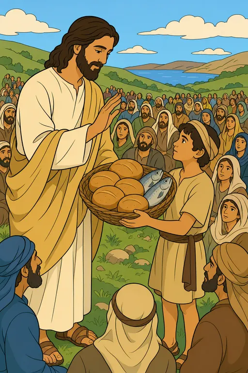 The painting this coloring page was drawn from: Jesus blessing a basket of five loaves and two fish held by a boy, a great crowd seated on the hillside